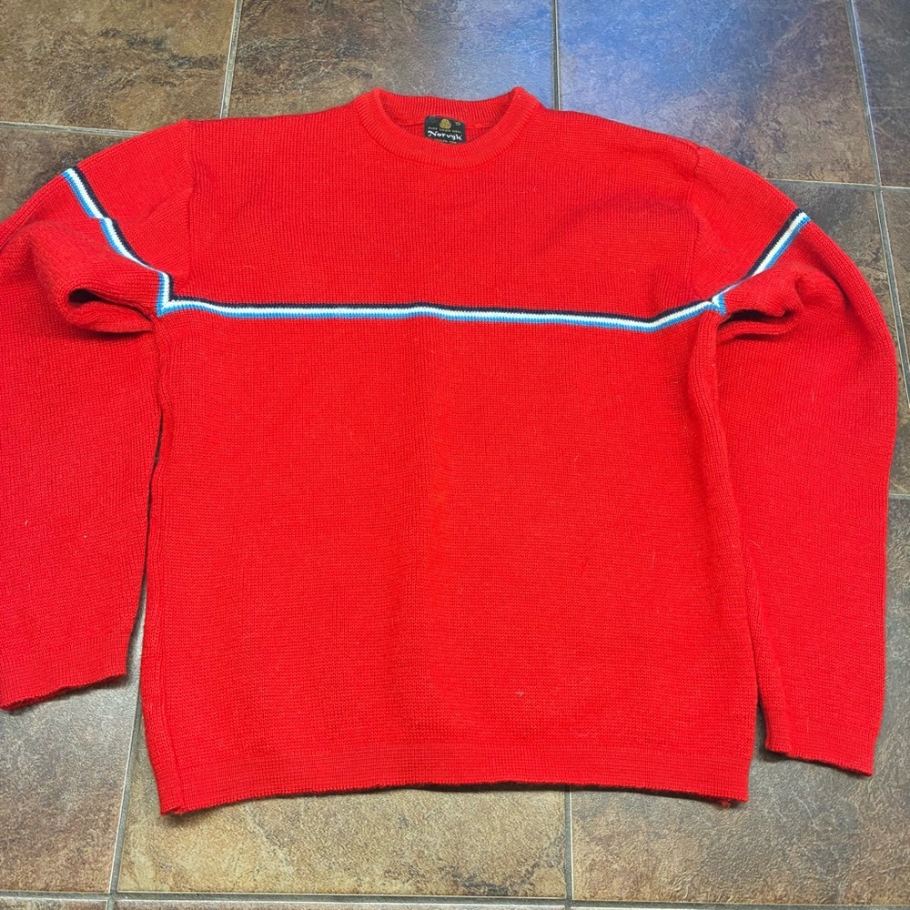 Women's Wool Red Crewneck Sweater with Contrast Chest Stripe